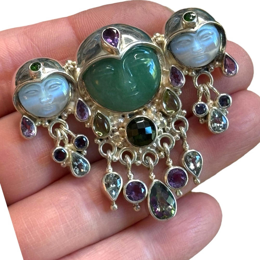 Sajen sterling silver 925 multi gemstone moonface goddess fancy brooch pendant - Picture 2 of 5